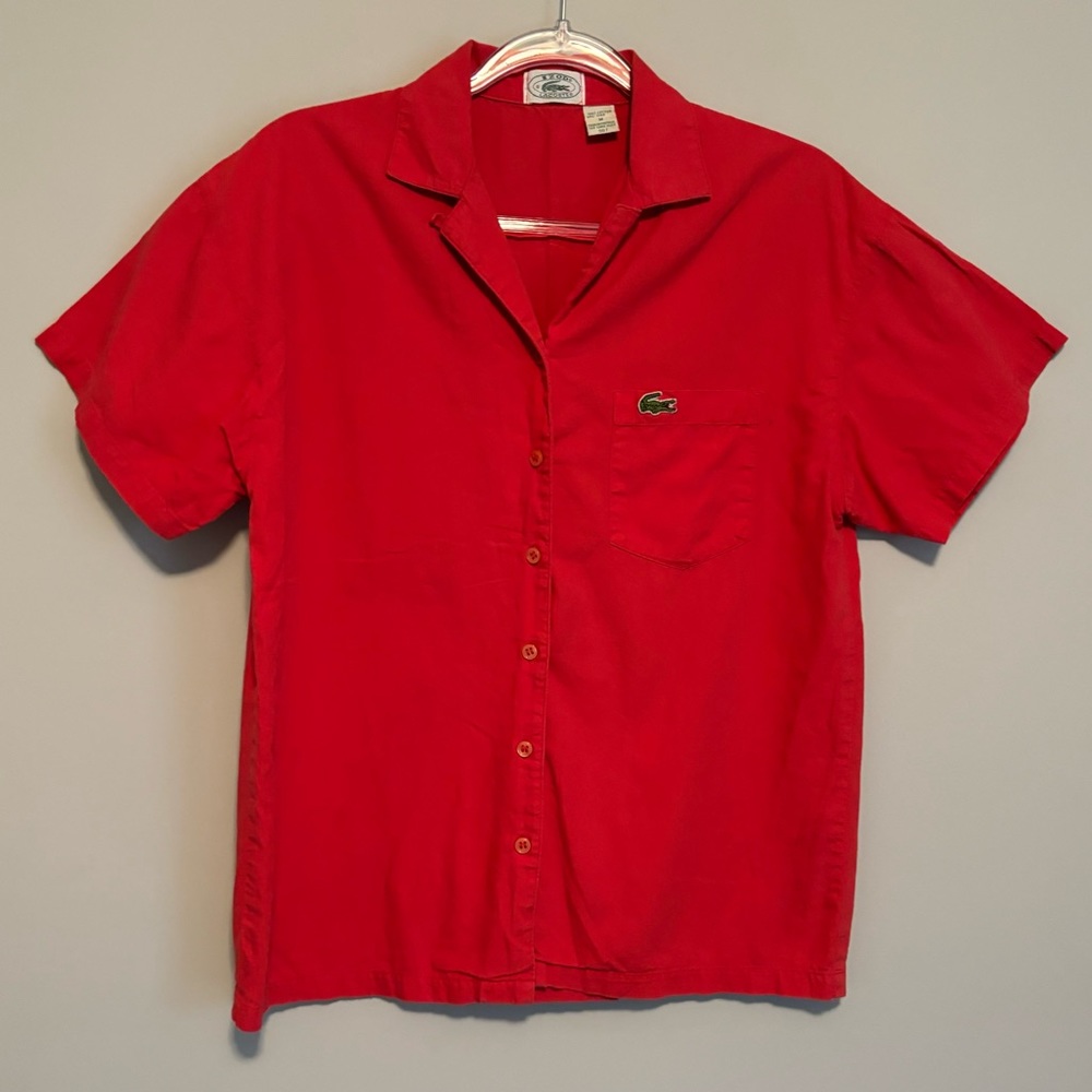 Vintage Izod Lacoste Womens Red Top Polo Button Down Pocket Logo Cotton Shirt M